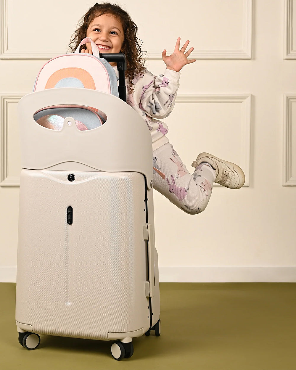 Miamily Mist Grey Ride On Trolley Carry On Luggage-Swiss Design-with Digit Lock and Built in Seat for Kids Adults-Extra 5% Off