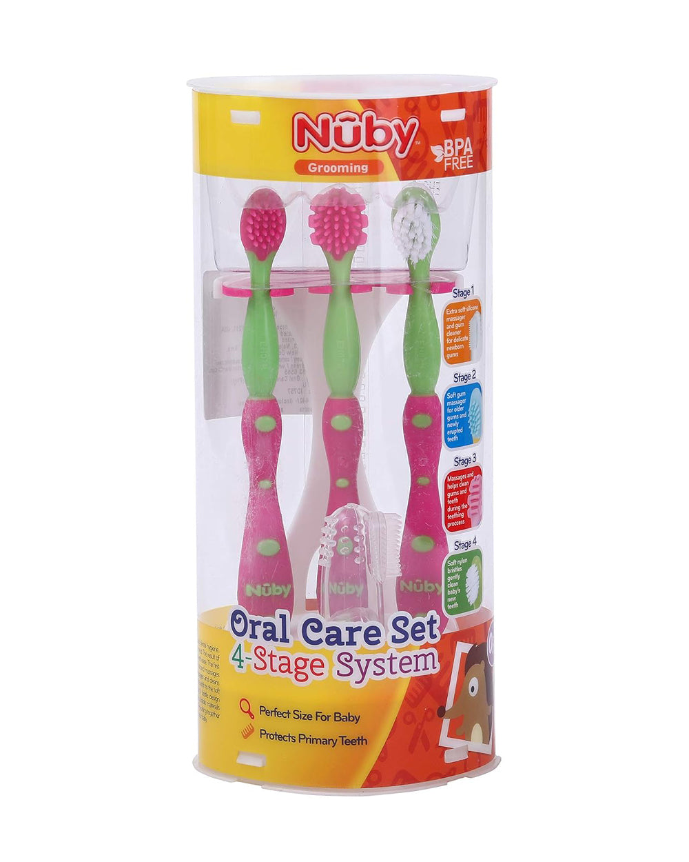 Nuby 4-Stage Oral Care Baby Toothbrush Set-Stage 1234-3 to 24M-Pink  Green-Extra 5% Off
