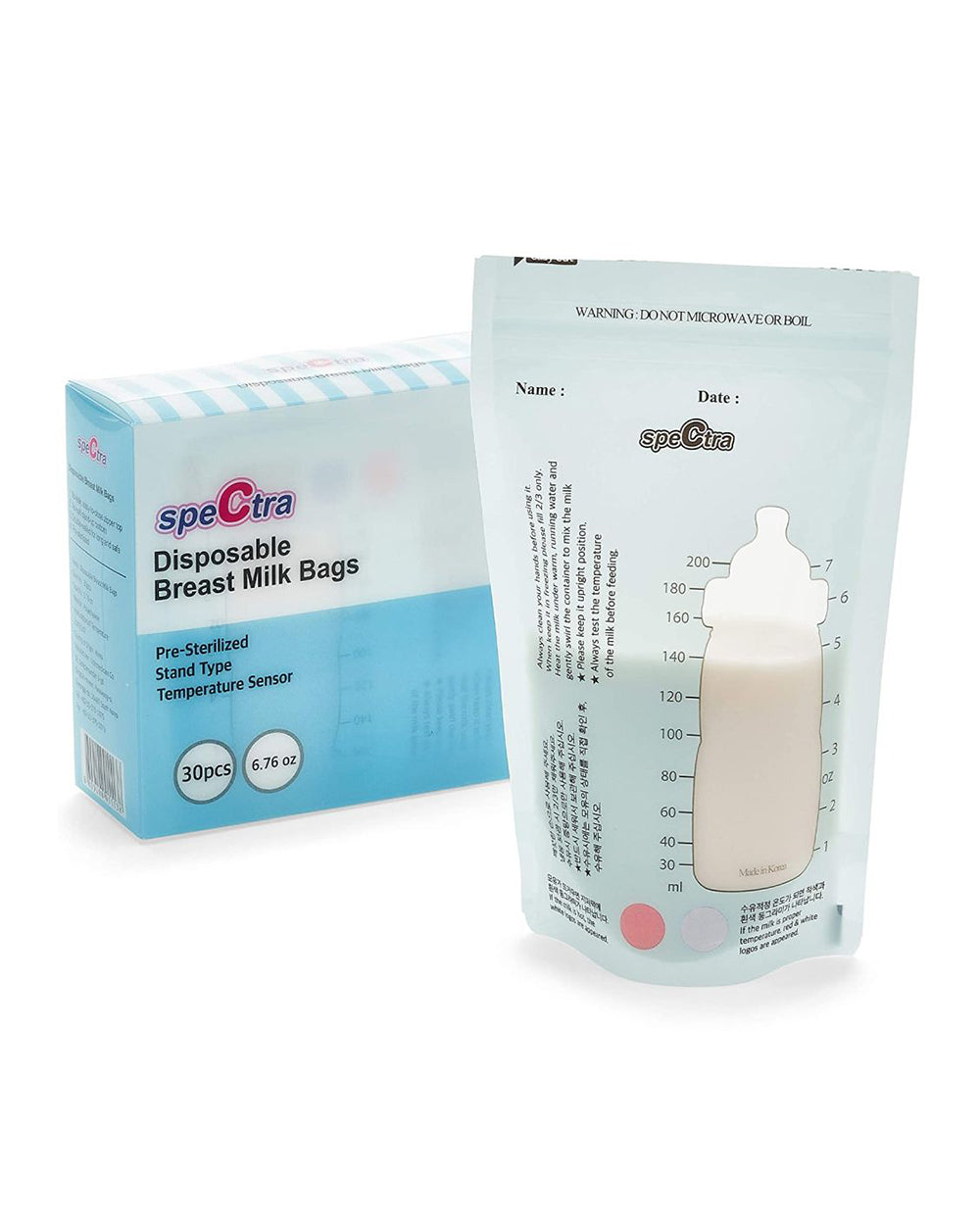 Spectra Breast Milk Storage Bags-With Temperature Indicator Measuring Scale-Pre Sterilized-Double Lined-Zip Top Seal-200 ml-Pack of 30
