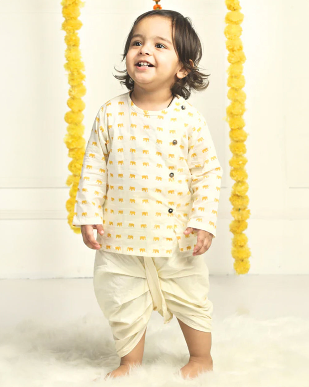 Polka Tots Off White Yellow Kurta Dhoti Set-Cotton-Printed-For  Infants-Extra 5% Off