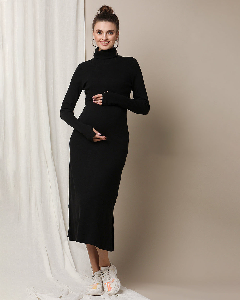 Wobbly Walk Black Maternity Dress-High Neck-Solid Color-Cotton-Bump Friendly-Extra 5% Off duckduckbaby Wobbly Walk Black Maternity Dress-High Neck-Solid Color-Cotton-Bump Friendly-Extra 5% Off duckduckbaby
