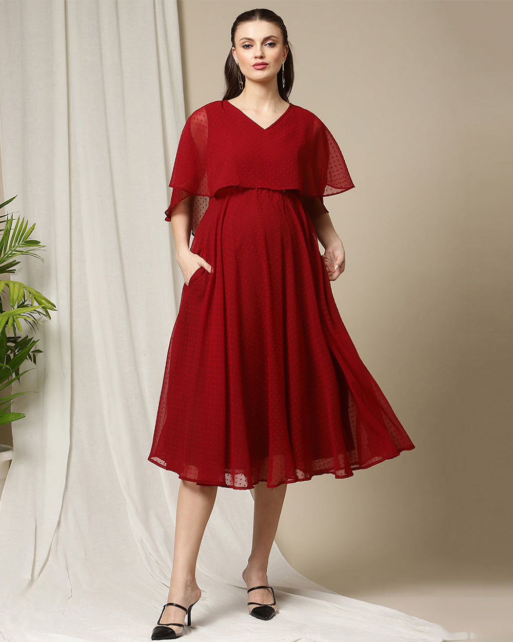 Wobbly Walk Red Maternity Nursing Dress-V Neck-Doby Print-Georgette-Bump Friendly-Extra 5% Off