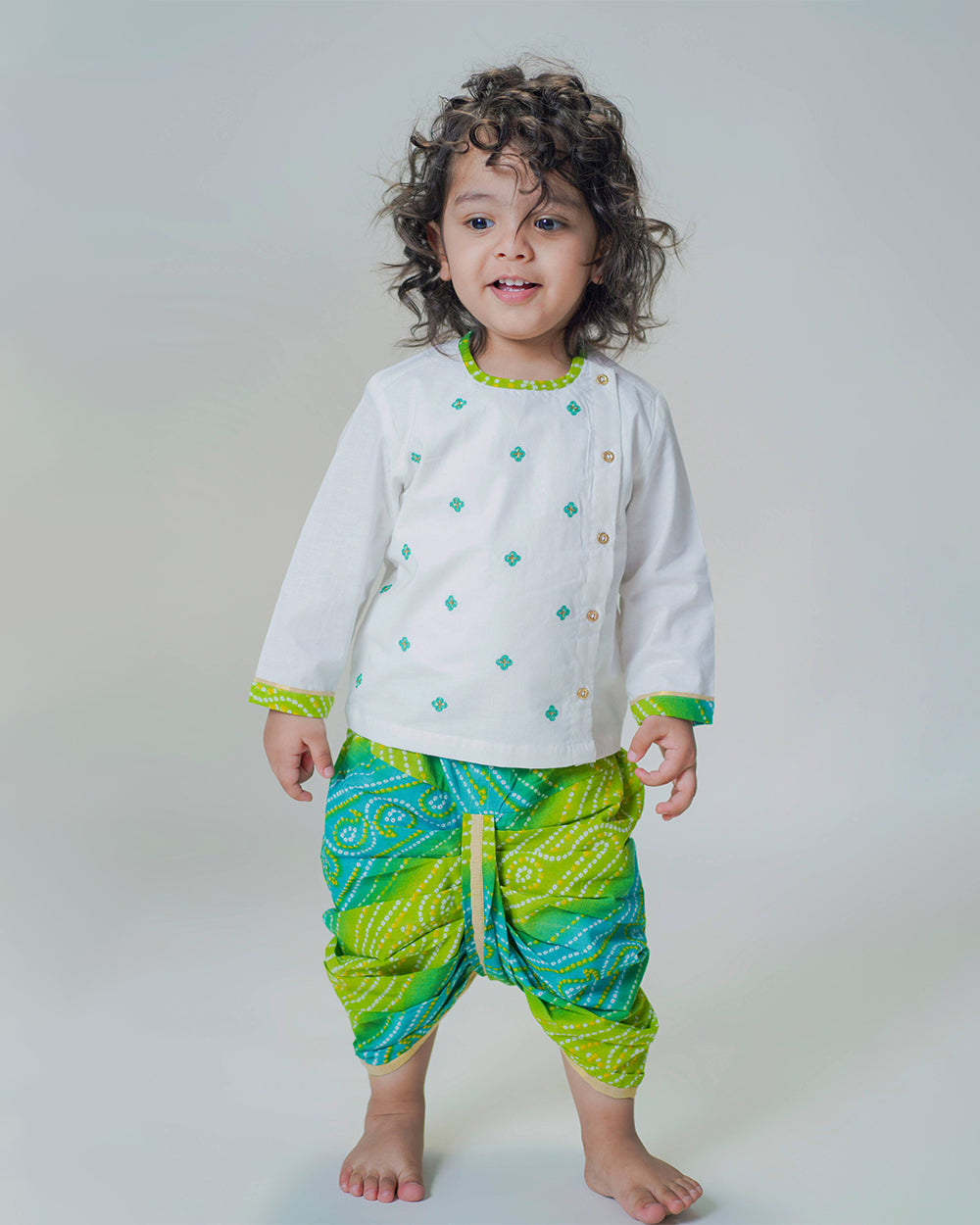 Tiber Taber Green Blue Kurta Dhoti Set-Bandhani Embroidered-Cotton-For Infants