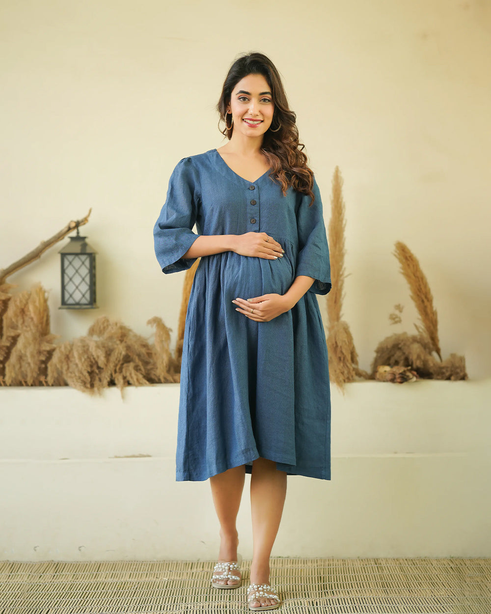 Ellementree Indigo Maternity Nursing Dress-Solid Color-Premium European Linen-V Neck-Long Sleeves-Bump Friendly-Extra 5% Off