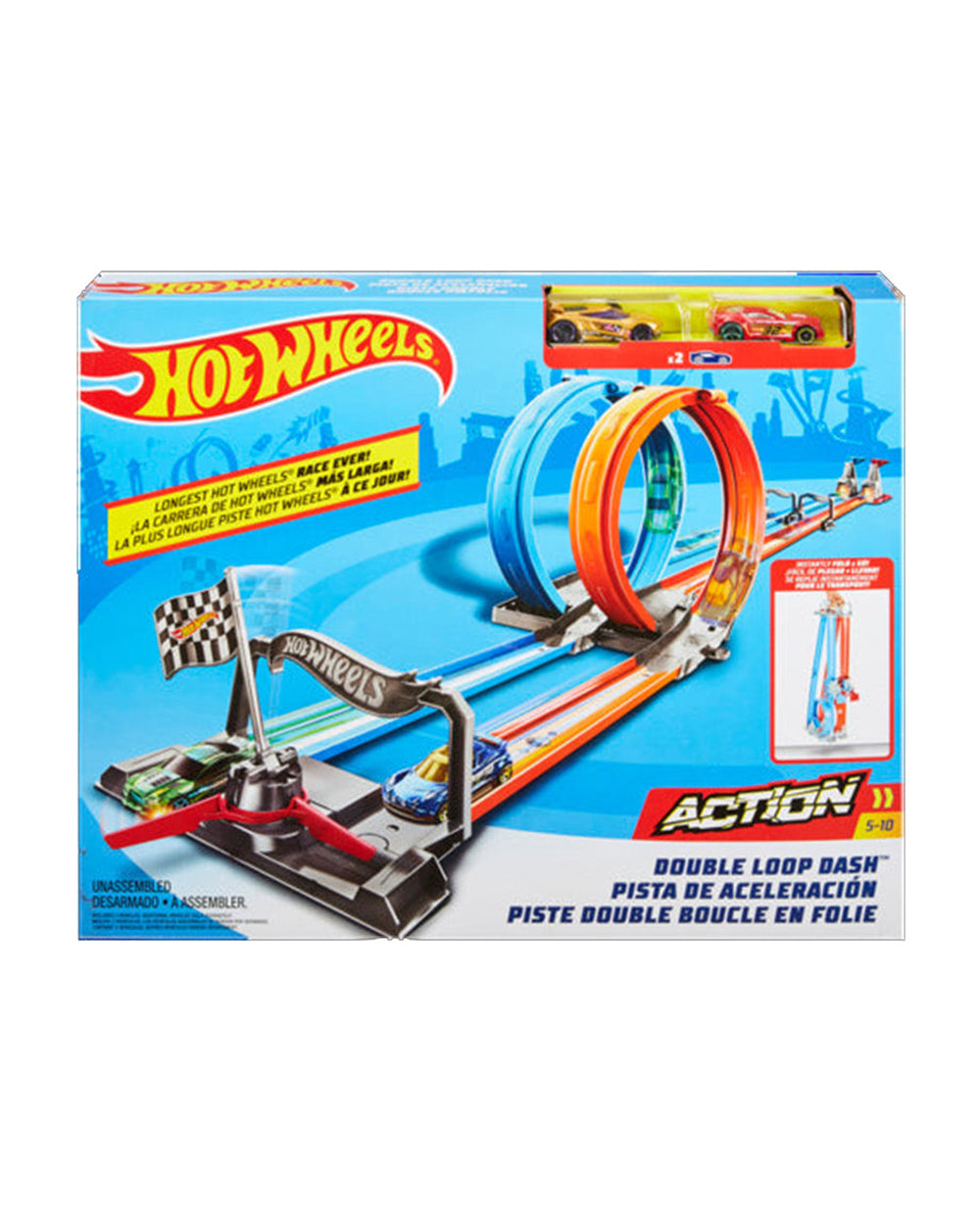 Hot Wheels Double Loop Dash Straight Track-Large Loops 1:64 Scale-Vehicle Toy-9M+
