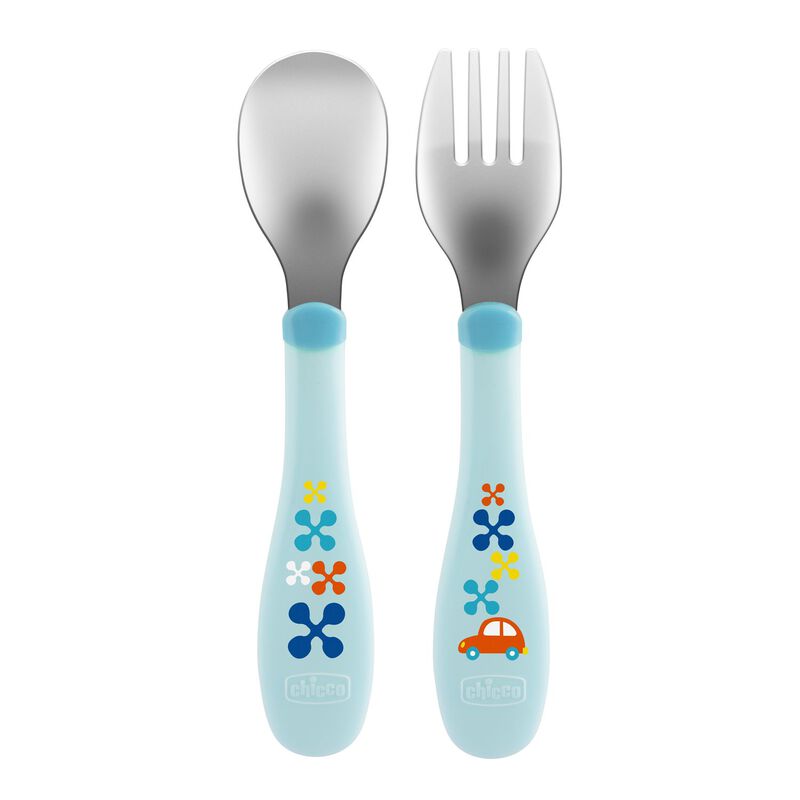 Chicco Metal Cutlery Spoon Fork Set-Stainless Steel-18M+-Blue-For Infants-Extra 5% Off