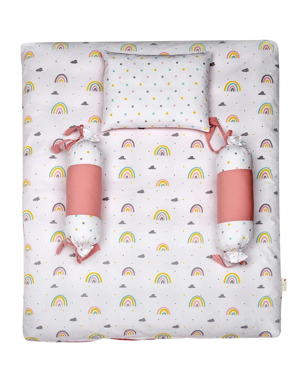 Aariro Silk Cotton Baby Bedding Set-Follow the Rainbow-White