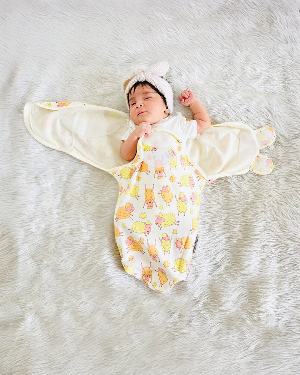 Polka Tots Swaddle Wrap Sleeping Bag-Cotton Muslin-Sheep-With Velcro Wings-Newborn Bed