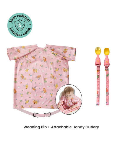 Bibado Short Sleeve Coverall Weaning Bib & Attachable Handi Cutlery Bundle-Teddy Bear Pink-For Infants