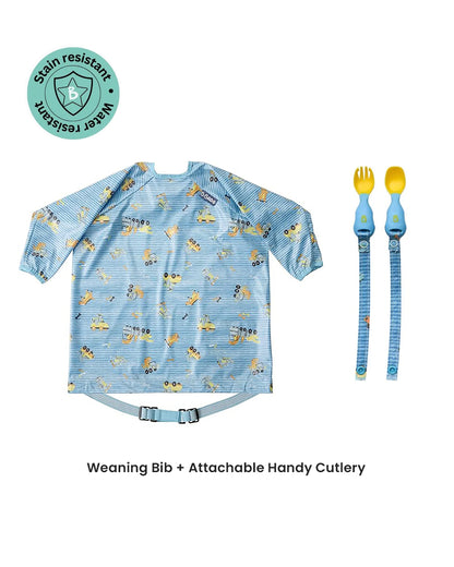Bibado Long Sleeve Coverall Weaning Bib & Attachable Handi Cutlery Bundle-Speedy Dinos Turquoise-For Infants