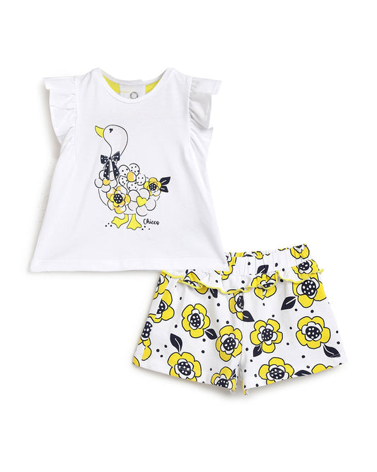 Chicco White and Yellow Tshirt and Shorts-Printed-Cotton-For Infants-Extra 5% Off