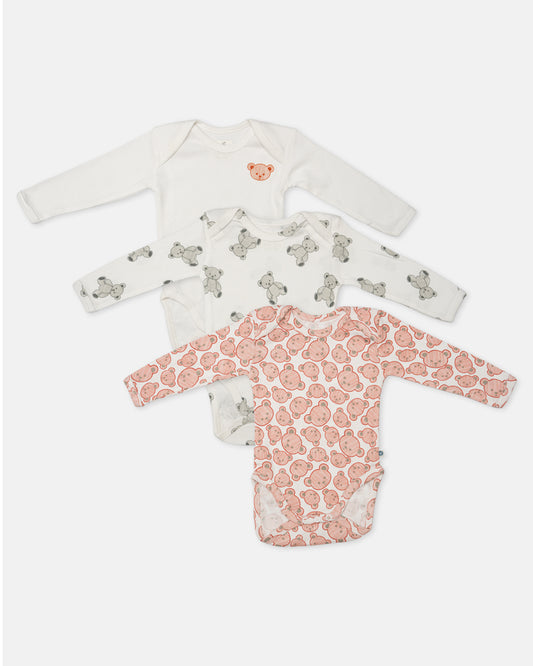 Cotton Bug White & Pink Bodysuit-Teddy-Organic Cotton-Full Sleeves-Pack of 3-For Infants