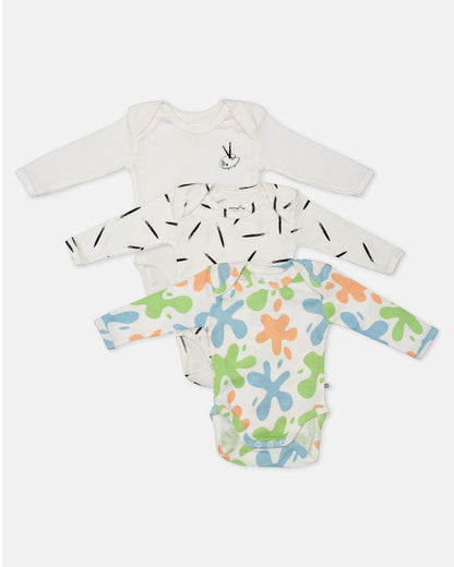 Cotton Bug White Bodysuit-Art Splash-Organic Cotton-Full Sleeves-Pack of 3-For Infants