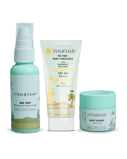 O'mumsie Hair Detangler Serum (50ml), SPF 50+ Baby Sunscreen (50g) & Sweet Dreams Sleepy Balm (50g)