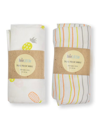 BeeLittle Organic Muslin Swaddles-Pineapple Vibes & Solid Stripes-Pack of 2-Infant Wraps