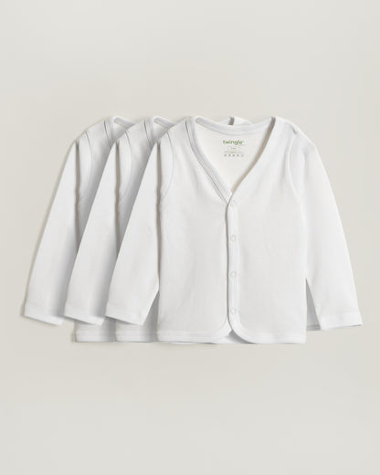 Twingle 100% Organic Cotton Jhabla Vest-Front Snaps for Easy Dressing-No Itchy Neck Tags-Long Sleeves-Solid-White-Pack of 3-For Infants