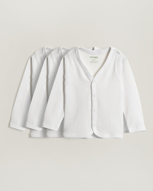 Twingle 100% Organic Cotton Jhabla Vest-Front Snaps for Easy Dressing-No Itchy Neck Tags-Long Sleeves-Solid-White-Pack of 3-For Infants