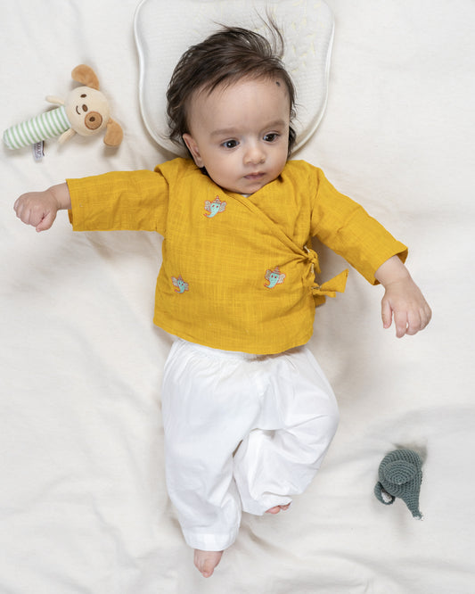 The Almirah Yellow & White Angrakha Set-Ganesh-Organic Cotton-For Infants