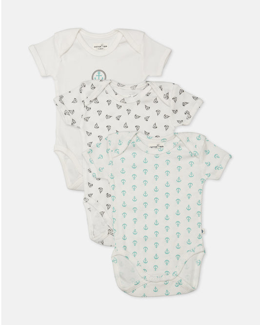 Cotton Bug White Bodysuit-Anchor-Organic Cotton-Half Sleeves-Pack of 3-For Infants