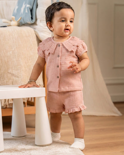 Twingle 100% Organic Muslin Shirt & Shorts Set-Puff Sleeves-Adjustable Waistband-Peach Pink-Soild-For Infants