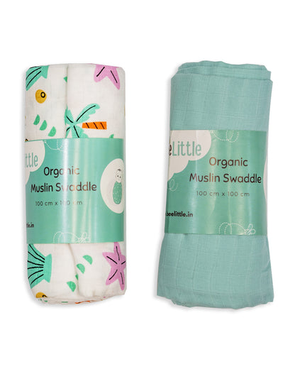 BeeLittle Organic Muslin Swaddles-Sea Shore & Teal Green-Pack of 2-Infant Wraps