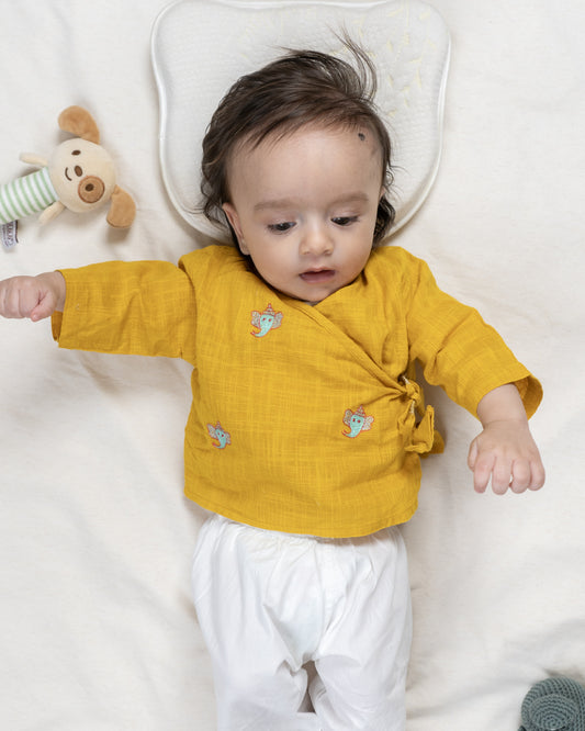 The Almirah Yellow & White Angrakha Set-Ganesh-Organic Cotton-For Infants