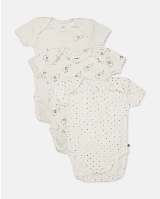 Cotton Bug White Bodysuit-Elephant-Organic Cotton-Half Sleeves-Pack of 3-For Infants