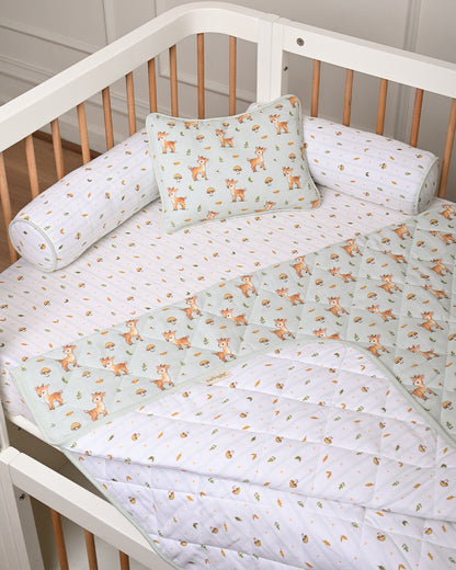 Twingle 100% Organic Fawnie Friends Garden Baby Bedding Set-Pack of 5-Reversible Quilt, All-round Elastic Bedsheet, Pillow & Bolsters-Eco Certified Genesta baby safe Inks-White & Light Blue-For Infants