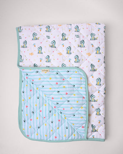 Twingle 100% Organic Muslin Reversible Baby Quilt-Dino Dare & Paw Strokes-High Twist Yarn for Lasting Softness-Eco Certified Genesta Inks for Skin-Safe Prints-White & Blue-For Infants