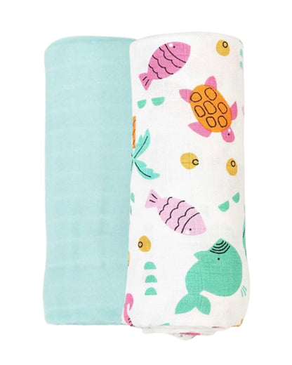 BeeLittle Organic Muslin Swaddles-Sea Shore & Teal Green-Pack of 2-Infant Wraps