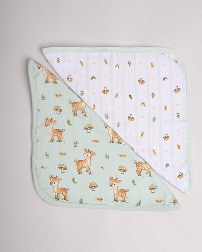 Twingle 100% Organic Muslin Wash Cloths-Soft Terry on the Back for maximum Absorbency-Built In Loop for Everyday Convenience-Fawnie Friends & Leafy Mush Print-Pack of 2-For Infants