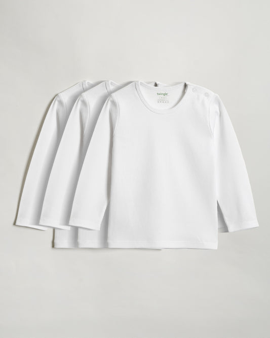 Twingle 100% Organic Cotton Vest-Round Neck-No Itchy Tags-Long Sleeves-Solid-White-Pack of 3-For Infants