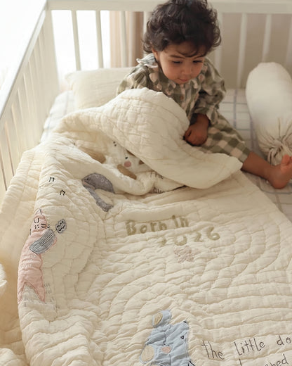 Aplito Baby Bedding Set-Hey Diddle Diddle-Hand Embroidered-Cotton Linen-Beige-For Infants