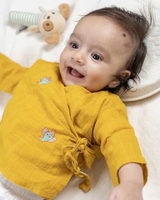 The Almirah Yellow & White Angrakha Set-Ganesh-Organic Cotton-For Infants