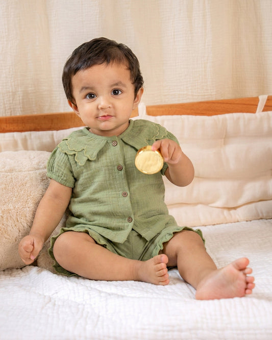 Twingle 100% Organic Muslin Shirt & Shorts Set-Puff Sleeves-Adjustable Waistband-Olive Green-Soild-For Infants