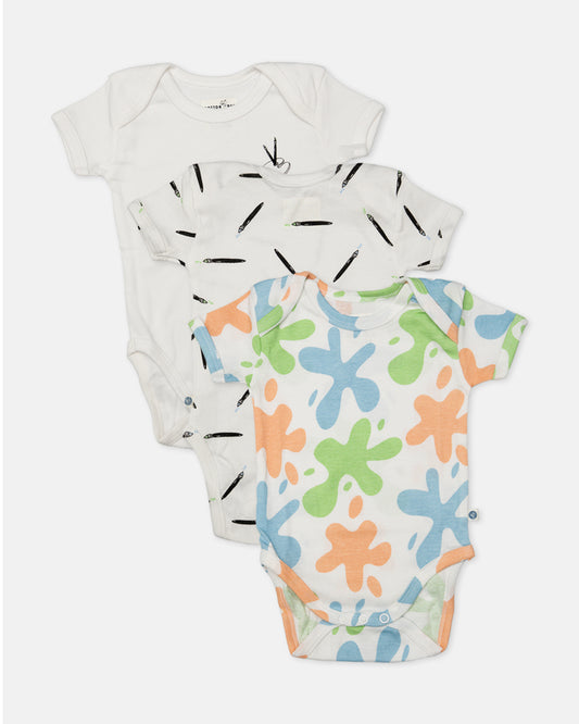 Cotton Bug White Bodysuit-Art Splash-Organic Cotton-Half Sleeves-Pack of 3-For Infants