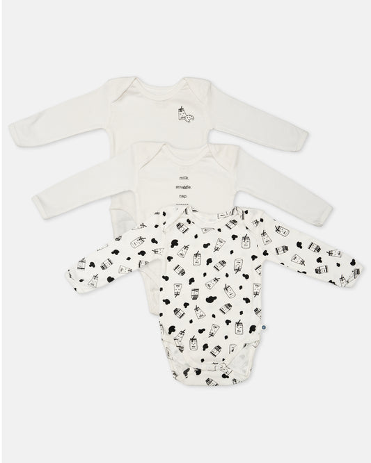 Cotton Bug White & Black Bodysuit-Milk-Organic Cotton-Full Sleeves-Pack of 3-For Infants