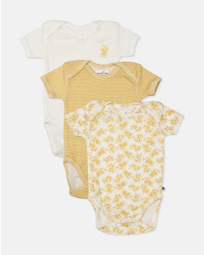 Cotton Bug White & Yellow Bodysuit-Printed-Organic Cotton-Half Sleeves-Pack of 3-For Infants