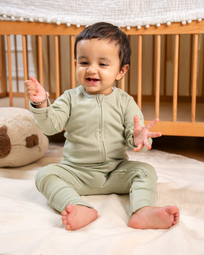 Twingle 100% Organic Cotton Sleepsuit-Zip Guard to Protect Baby's Chin & Neck-Two Way Zipper for Easy Diaper Change-Inbuilt Booties & Mittens-Elephant Print-Sage Green-Pack of 2-For Infants