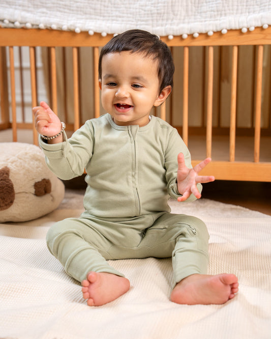 Twingle 100% Organic Cotton Sleepsuit-Zip Guard to Protect Baby's Chin & Neck-Two Way Zipper for Easy Diaper Change-Inbuilt Booties & Mittens-Elephant Print-Sage Green-Pack of 2-For Infants