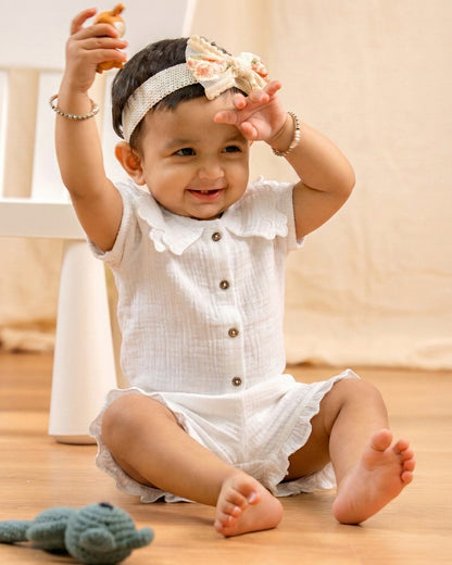 Twingle 100% Organic Muslin Shirt & Shorts Set-Puff Sleeves-Adjustable Waistband-White-Soild-For Infants