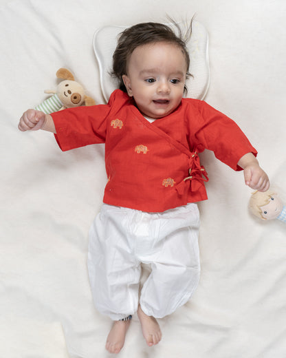 The Almirah Red Angrakha Set-Hathi-Organic Cotton-For Infants