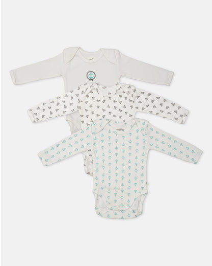 Cotton Bug White Bodysuit-Anchor-Organic Cotton-Full Sleeves-Pack of 3-For Infants