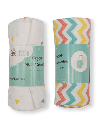 BeeLittle Organic Muslin Swaddles-Mad Angles & Zigzag-Pack of 2-Infant Wraps