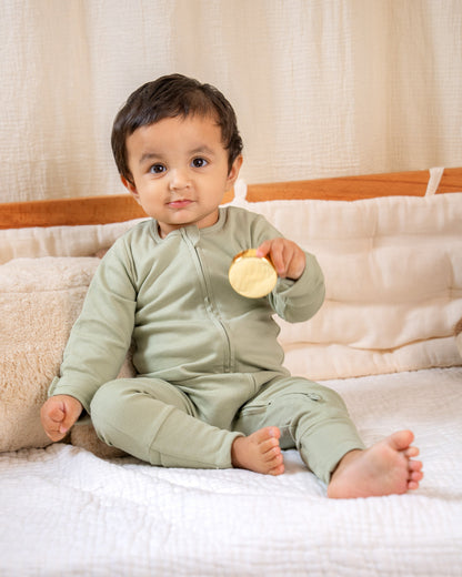 Twingle 100% Organic Cotton Sleepsuits-Zip Guard to Protect Baby's Chin & Neck-Two Way Zipper for Easy Diaper Change-Inbuilt Booties & Mittens-Long Sleeves-Solid-Sage Green & Yellow-Pack of 2-For Infants