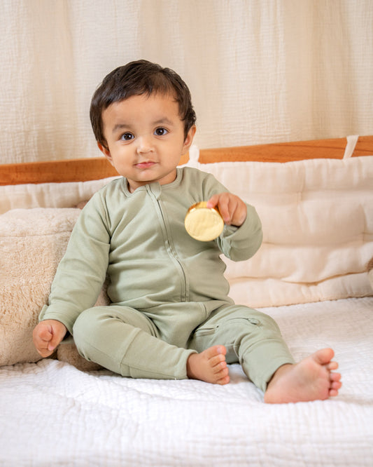Twingle 100% Organic Cotton Sleepsuit-Zip Guard to Protect Baby's Chin & Neck-Two Way Zipper for Easy Diaper Change-Inbuilt Booties & Mittens-Elephant Print-Sage Green-Pack of 2-For Infants