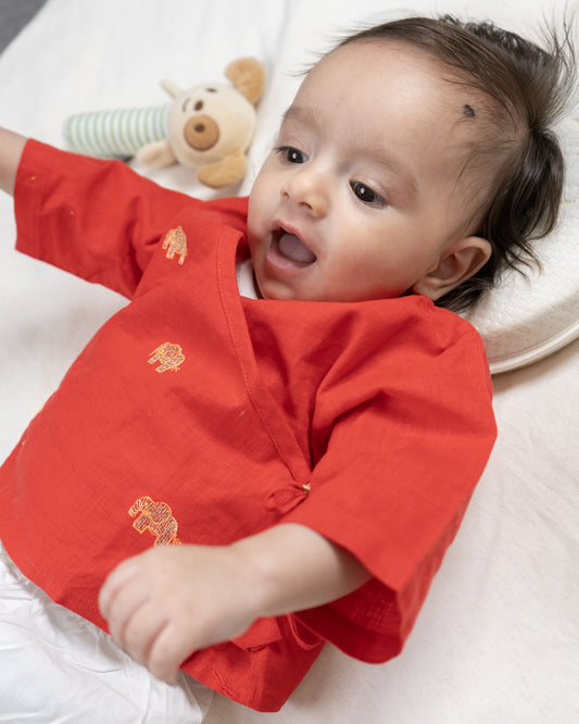 The Almirah Red Angrakha Set-Hathi-Organic Cotton-For Infants