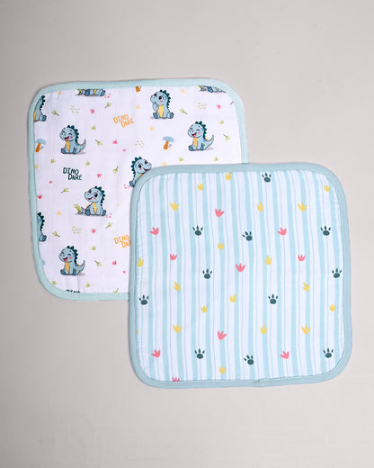 Twingle 100% Organic Muslin Wash Cloths-Soft Terry on the Back for maximum Absorbency-Built In Loop for Everyday Convenience-Dino Dare & Paw Strokes Print-Pack of 2-For Infants
