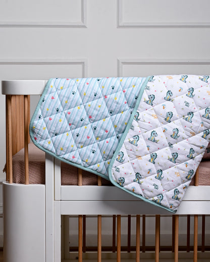 Twingle 100% Organic Muslin Reversible Baby Quilt-Dino Dare & Paw Strokes-High Twist Yarn for Lasting Softness-Eco Certified Genesta Inks for Skin-Safe Prints-White & Blue-For Infants