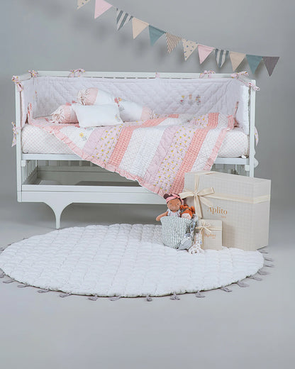 Aplito Baby Cot Bumper-Bella Blush-Hand Embroidered-100% Organic Cambric Cotton-White & Pink-For Infants
